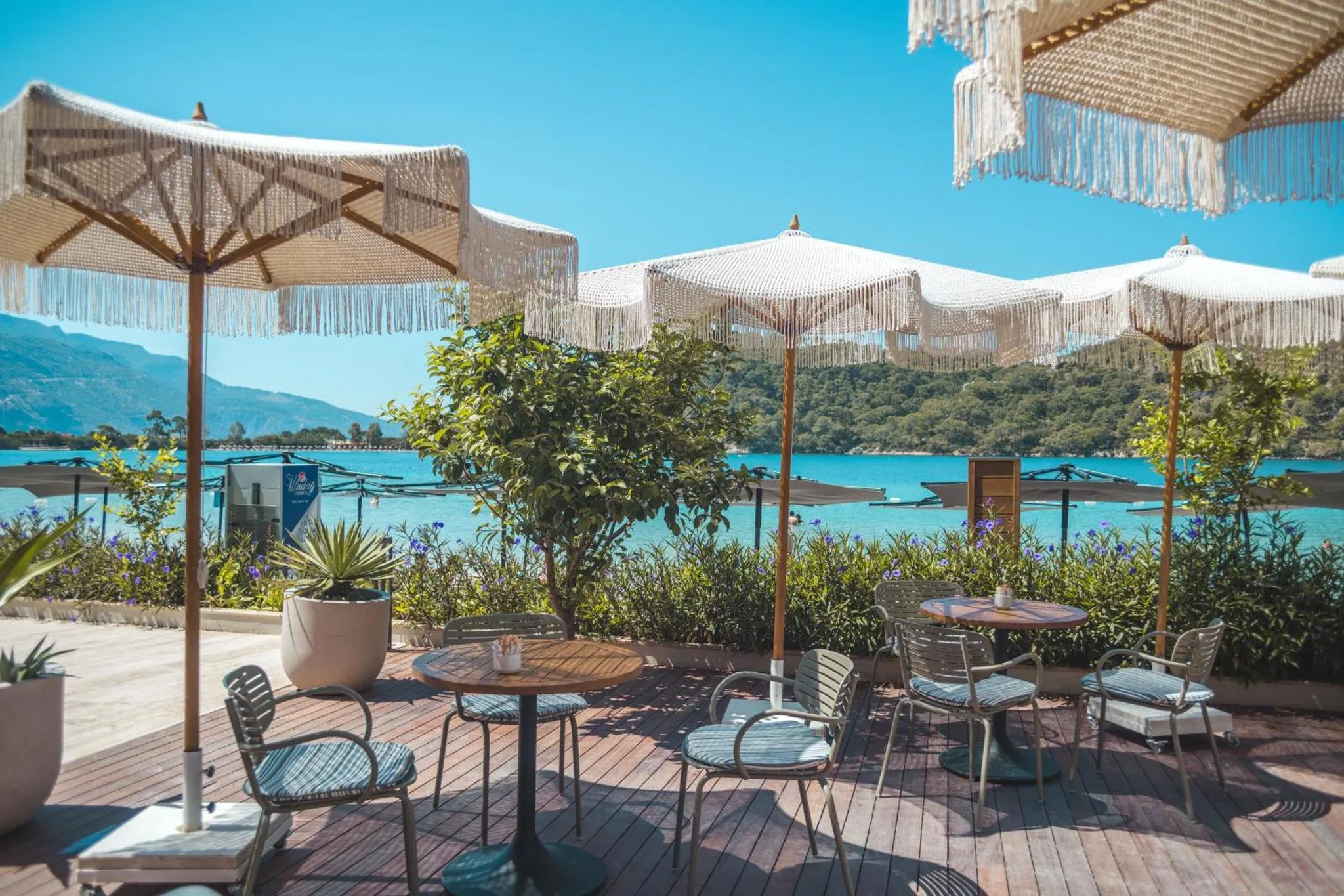 Terrasse ombragée avec tables et chaises en bord de mer.
