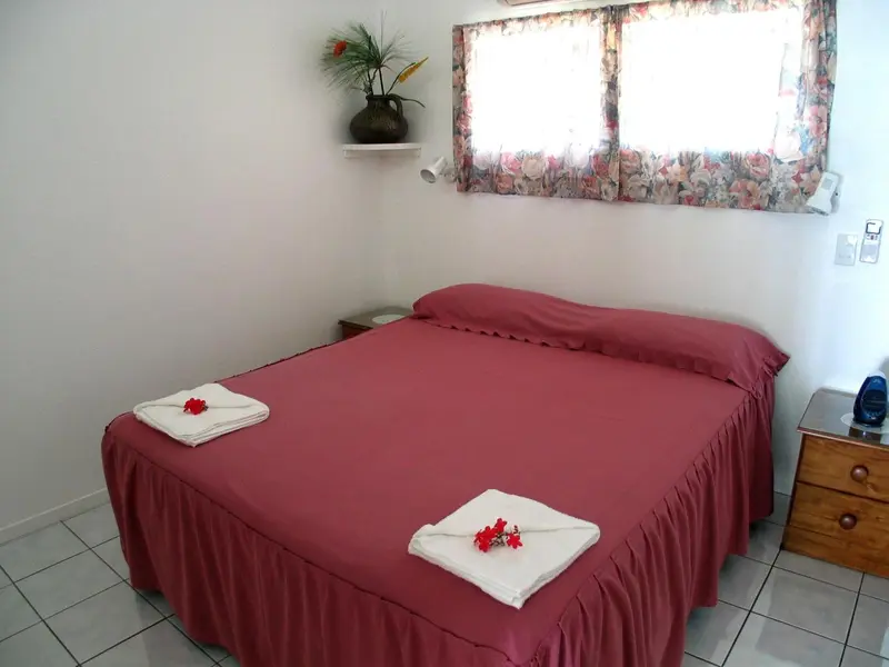 Une chambre avec un grand lit recouvert d'une courtepointe rouge et décoré de fleurs.