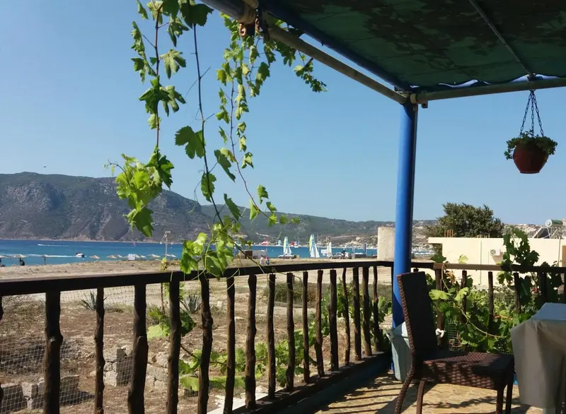 Terrasse ombragée donnant sur une vue côtière et montagneuse.
