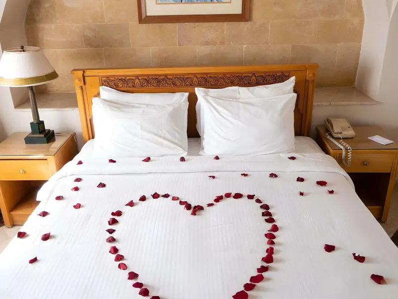 Un lit double est soigneusement fait avec des pétales de fleurs disposés en forme de cœur.