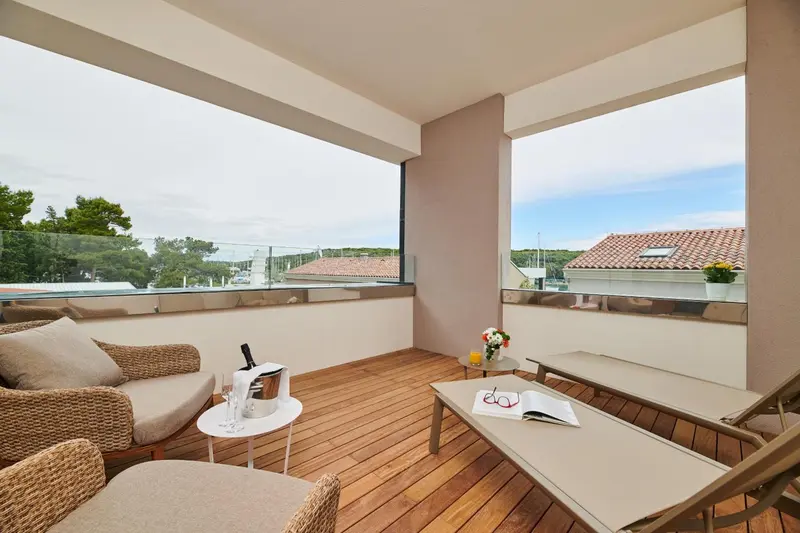 Terrasse aménagée avec salon de jardin et vue sur la végétation.
