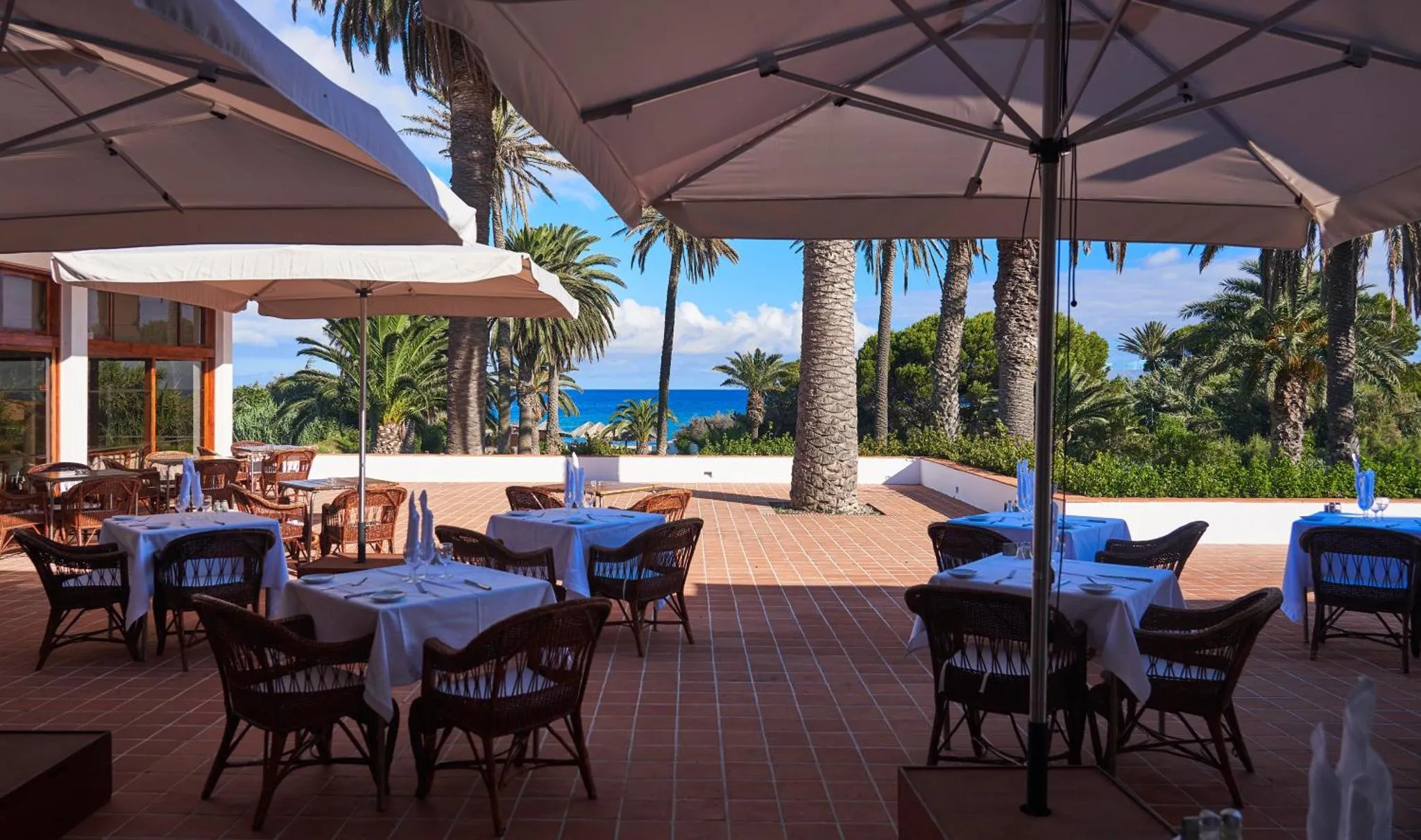 Terrasse ombragée avec tables nappées donnant sur une vue mer et des palmiers.