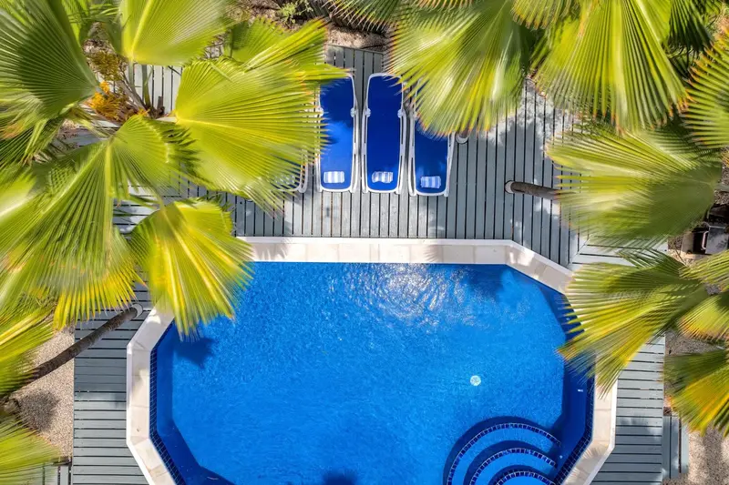 Vue aérienne d'une piscine rectangulaire entourée d'une terrasse en bois et de palmiers.