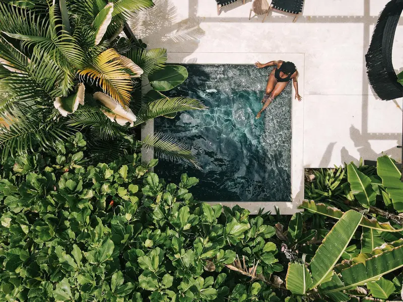Vue aérienne d'une piscine rectangulaire entourée de végétation luxuriante et de chaises longues.