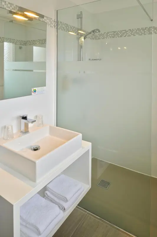 Une salle de bain moderne avec douche à l'italienne et vasque blanche.