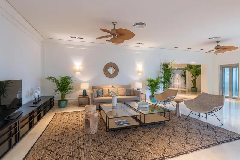 Un espace de détente intérieur avec canapés et tapis.
