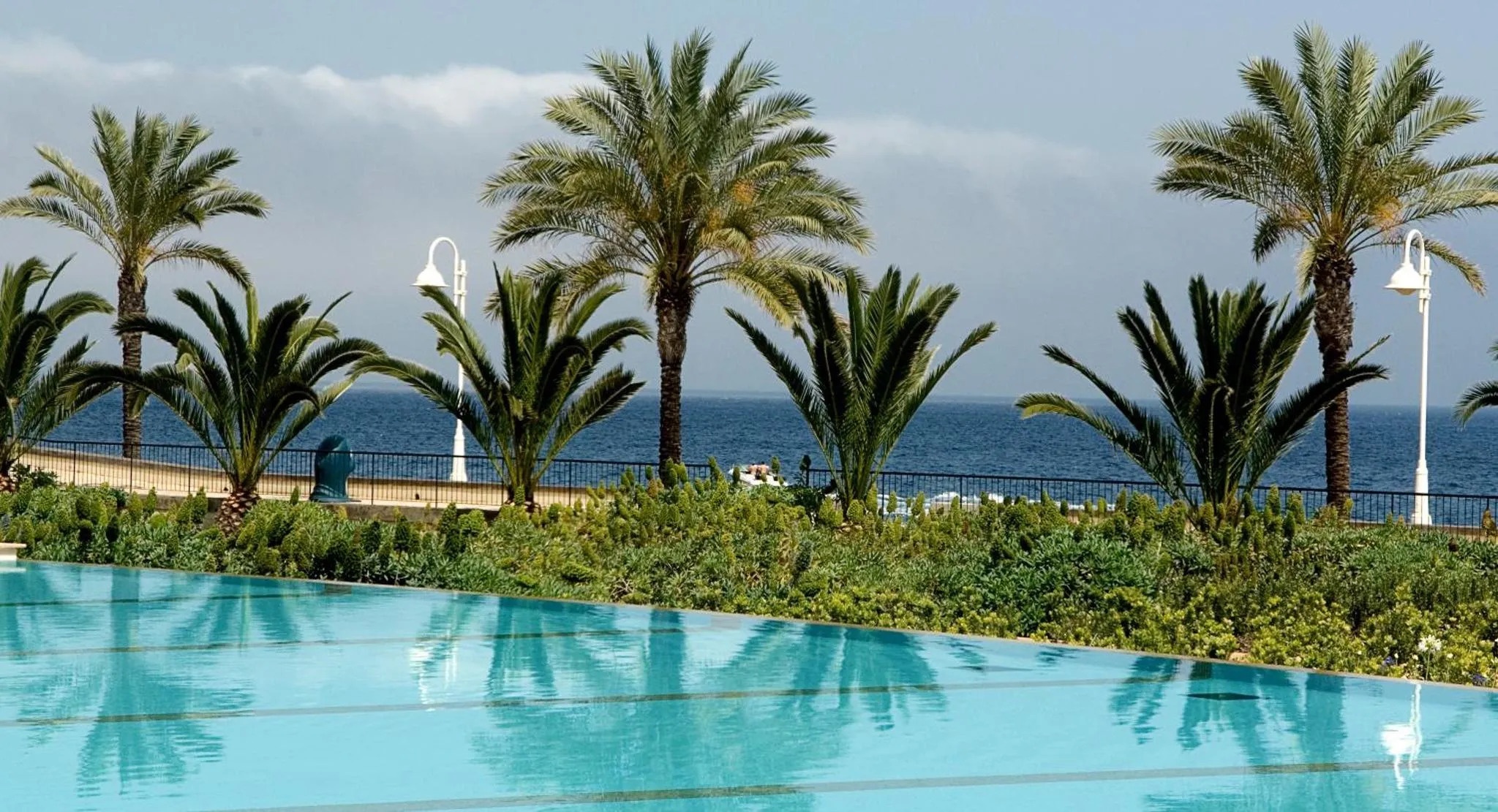 Palmiers et végétation luxuriante bordent une piscine turquoise face à la mer.