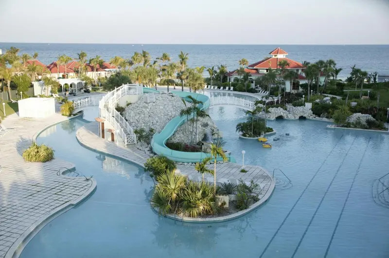 Une piscine sinueuse avec un toboggan aquatique et des palmiers.