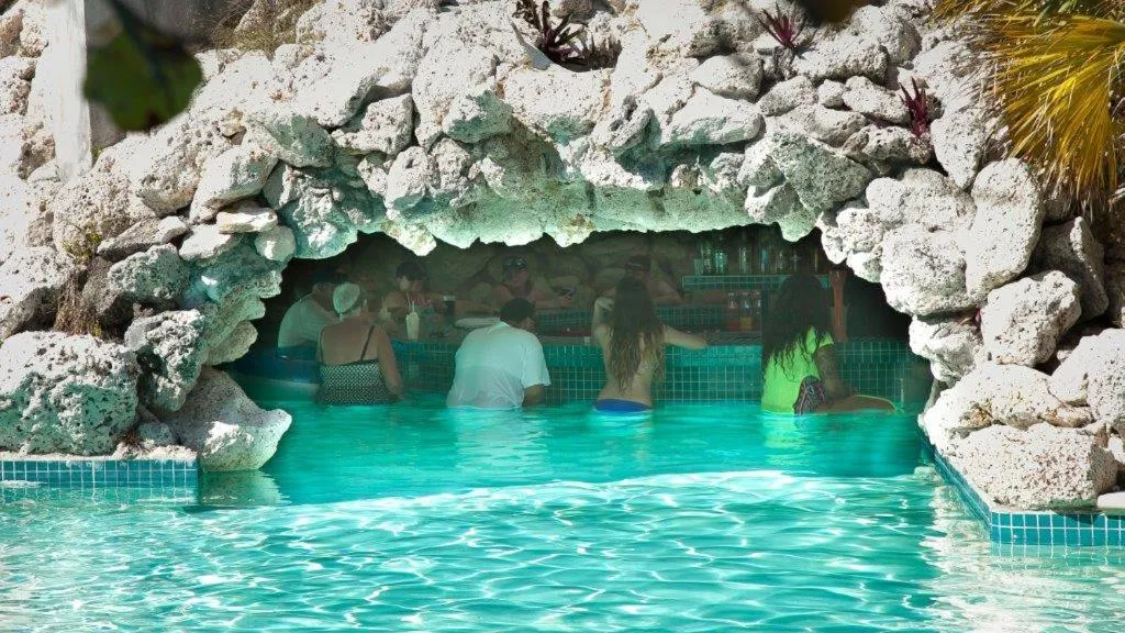 Des clients se rafraîchissent au bar intégré à une piscine rocheuse.