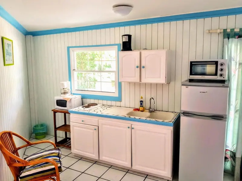 Une kitchenette lumineuse avec un plan de travail et des rangements.
