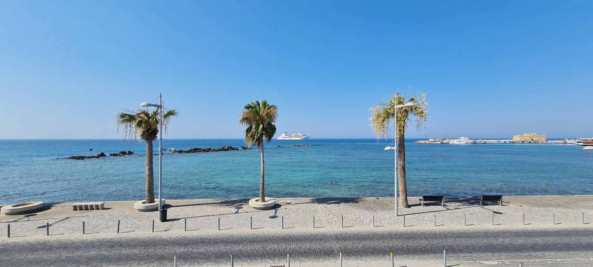 Vue sur la mer depuis une promenade bordée de palmiers.