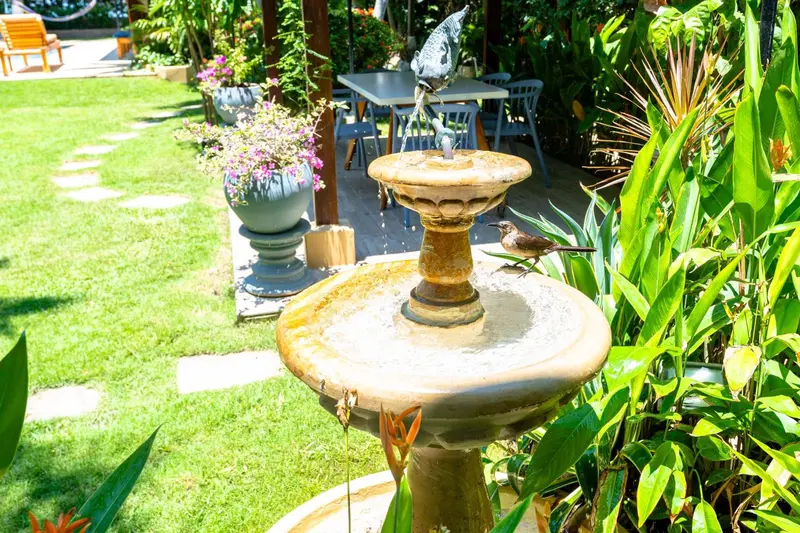 Un jardin verdoyant avec une fontaine en pierre et des tables à manger.