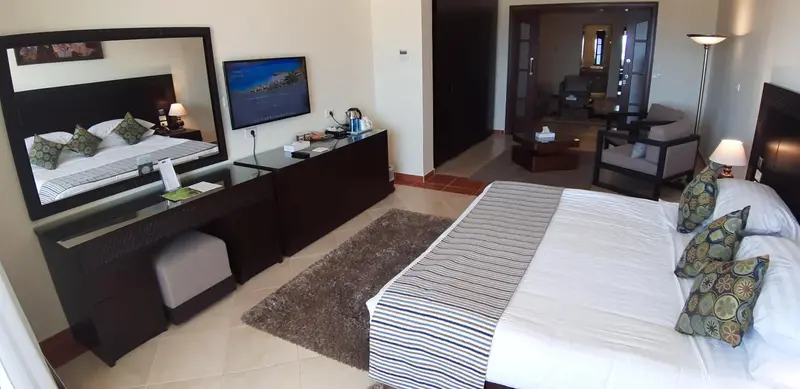 Une chambre spacieuse avec un grand lit et un coin salon.