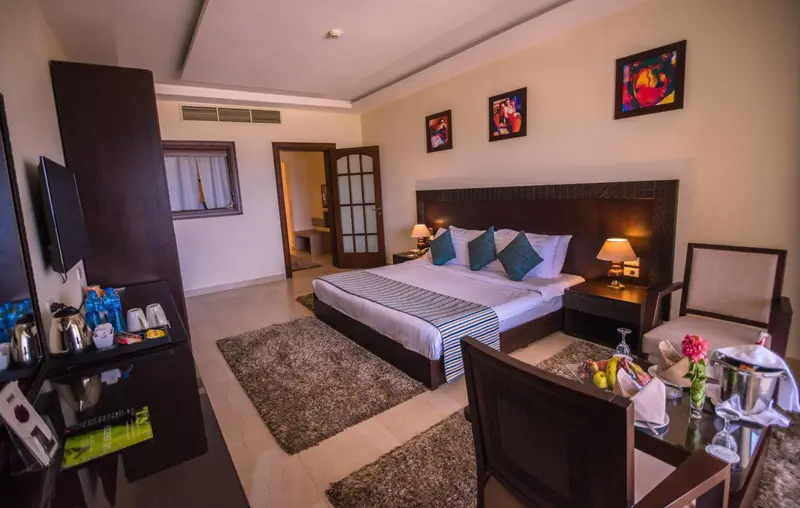 Une chambre spacieuse avec un grand lit et un coin salon.