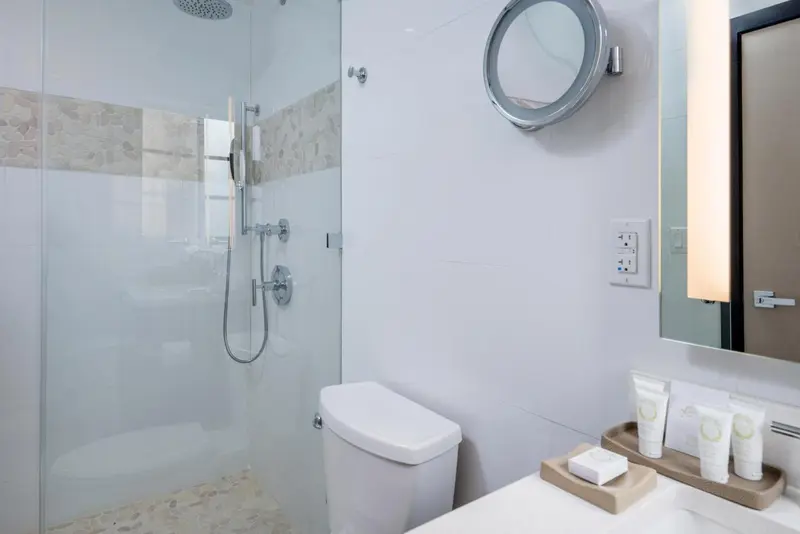 Une douche à l'italienne moderne avec des parois vitrées et des équipements de salle de bain.