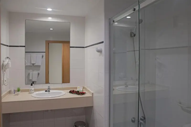 Une salle de bain claire avec douche à l'italienne et grand miroir.