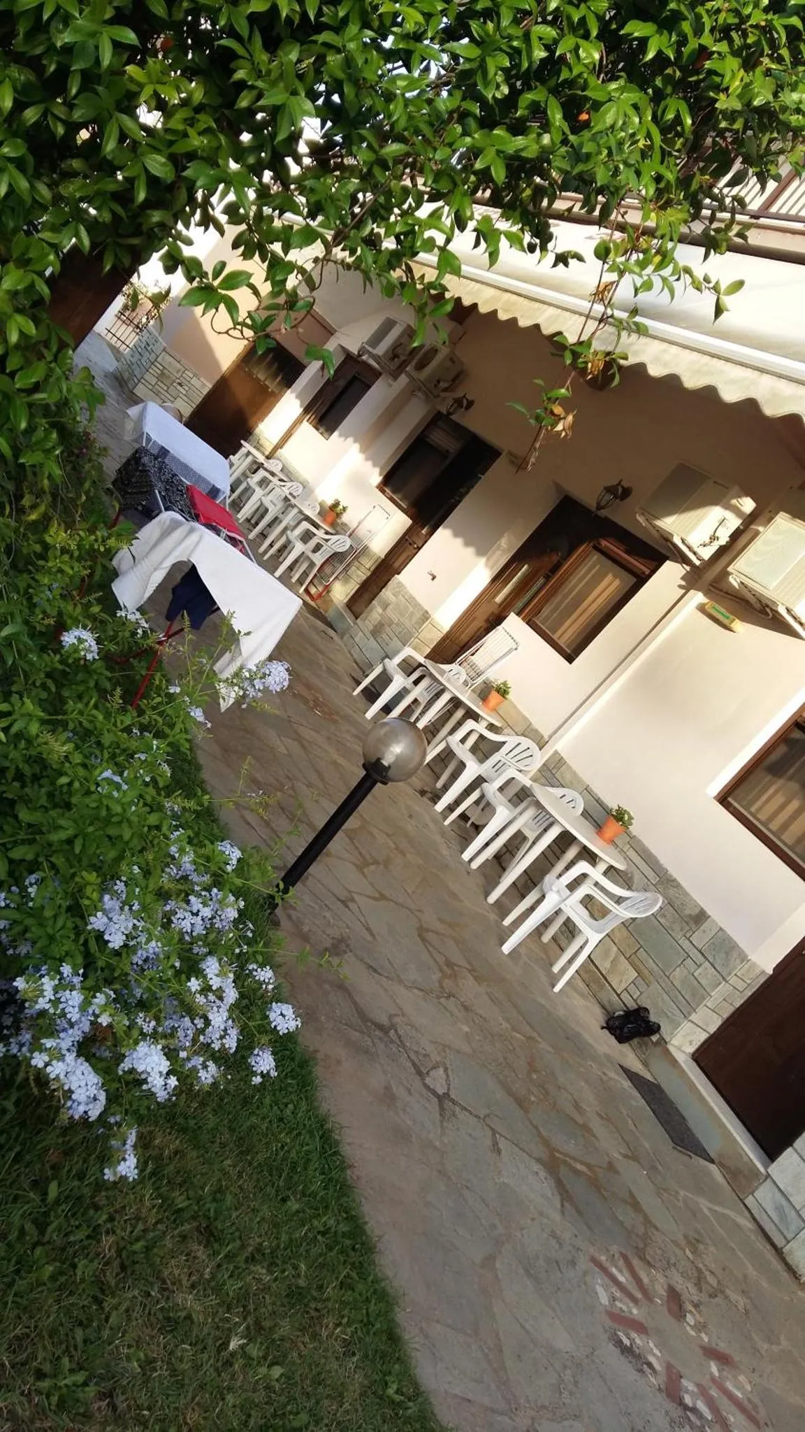 Terrasse ombragée avec tables et chaises devant un bâtiment blanc.