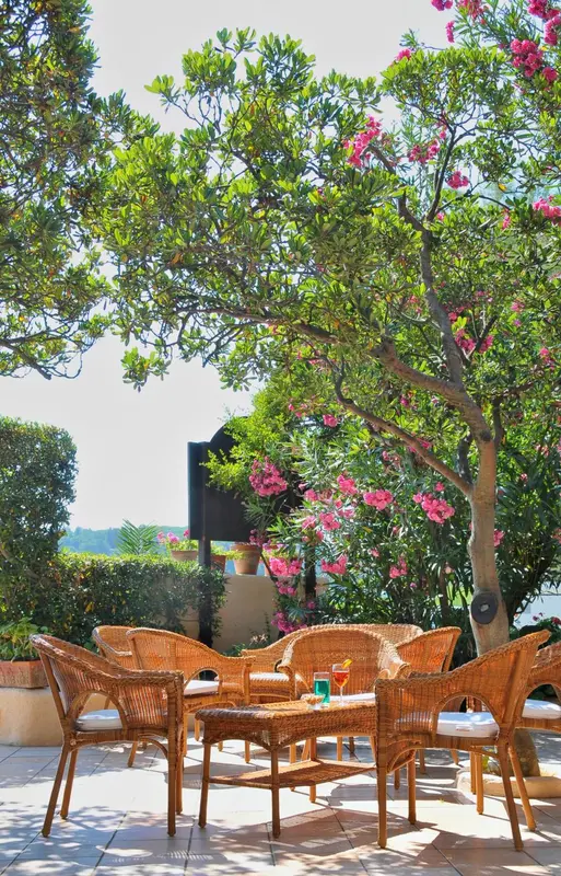 Terrasse ombragée avec mobilier en rotin et vue sur la végétation.
