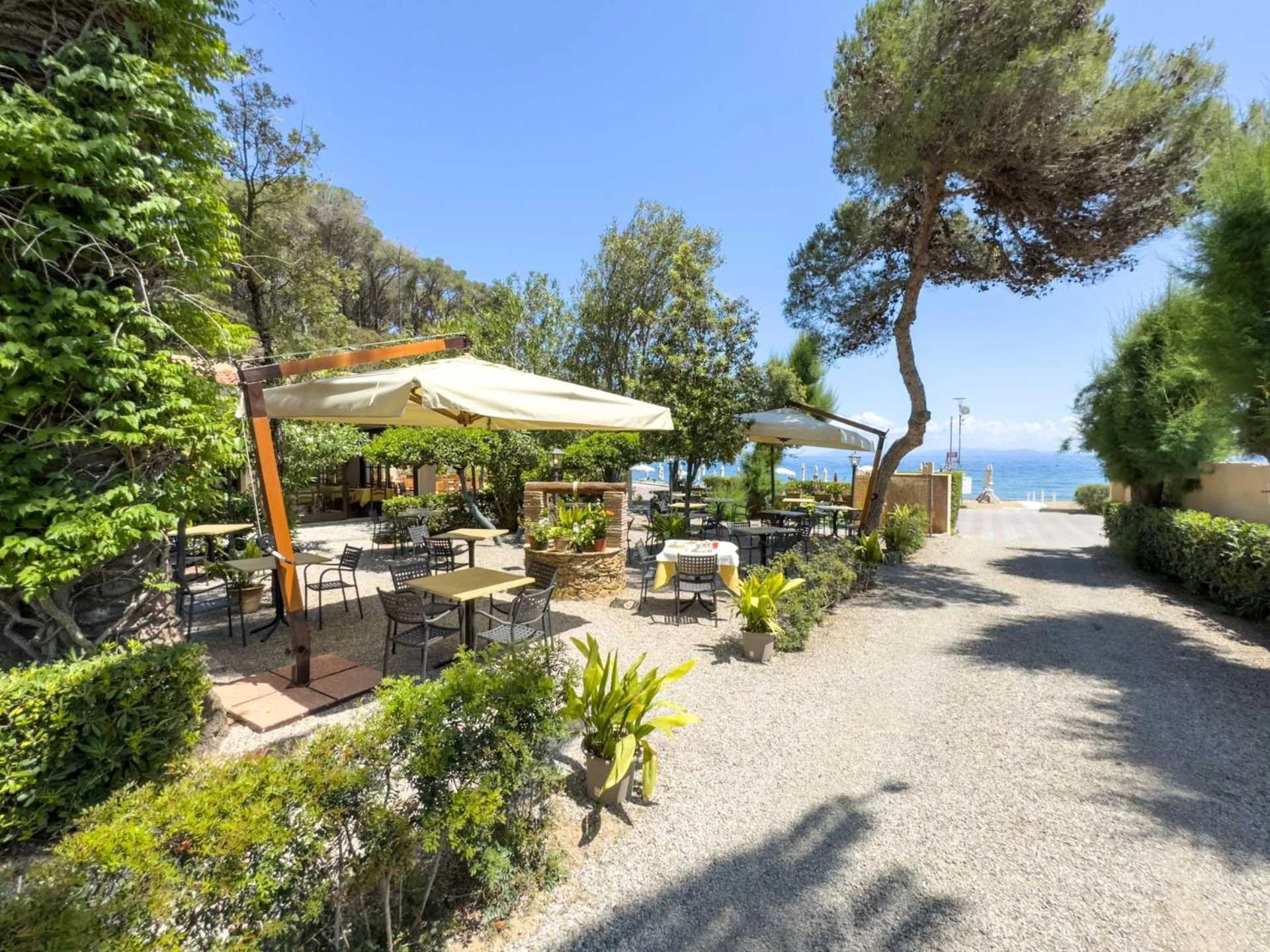 Terrasse ombragée avec tables et chaises donnant sur la mer.