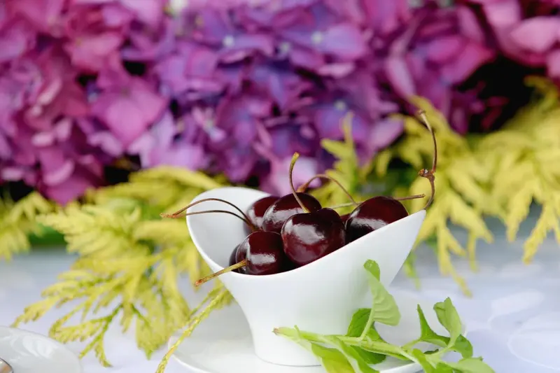 Une composition de cerises fraîches présentées dans une coupelle blanche.