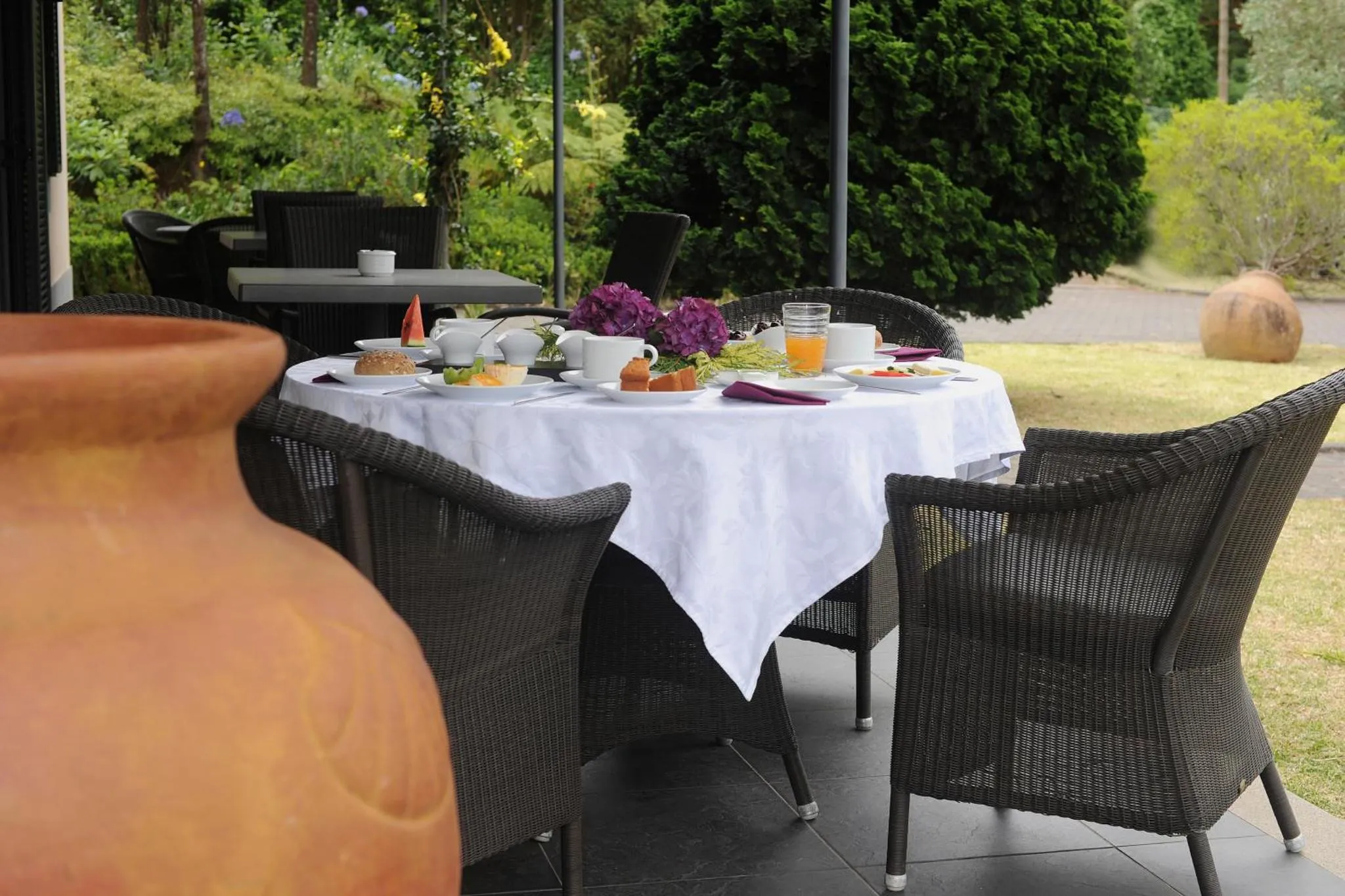 Une table est dressée pour le petit-déjeuner sur une terrasse ombragée.