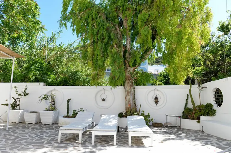 Trois chaises longues blanches sont disposées sur une terrasse pavée ombragée par un arbre.