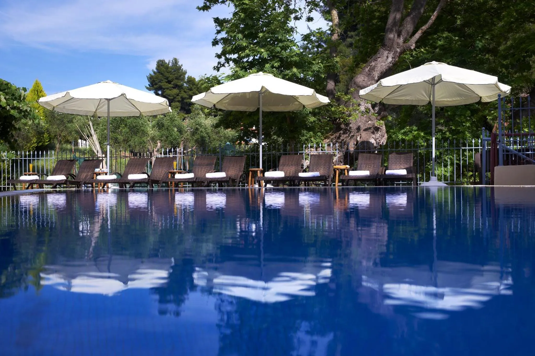Transats alignés au bord d'une piscine bleu clair sous des parasols.