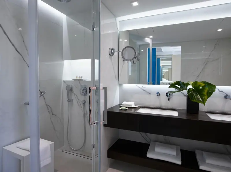 Une salle de bain moderne avec douche à l'italienne et vasque.
