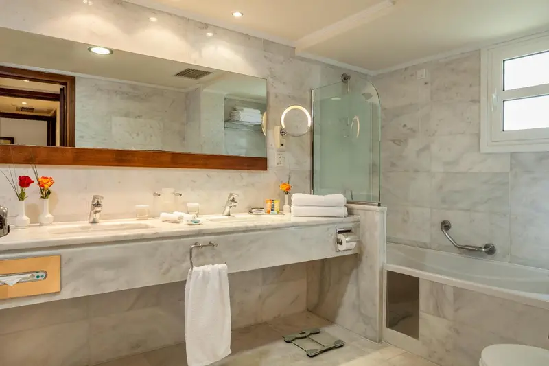 Une salle de bain lumineuse avec une double vasque en marbre et une douche à l'italienne.