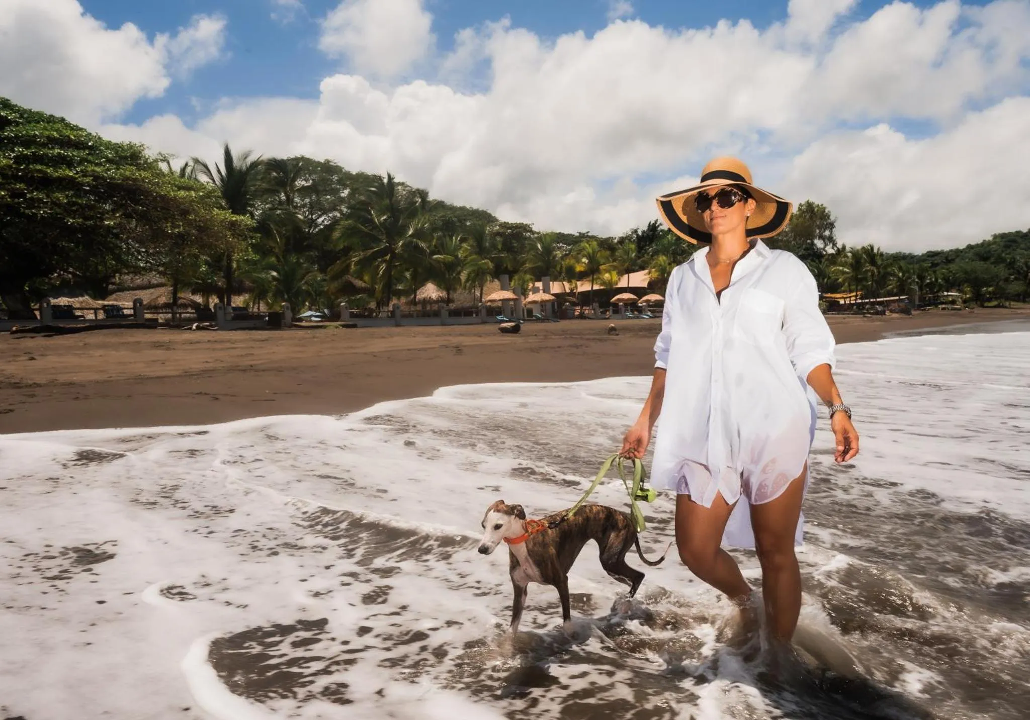 Une femme se promène avec son chien sur une plage de sable sombre.