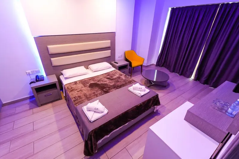 Une chambre avec un grand lit et un fauteuil.