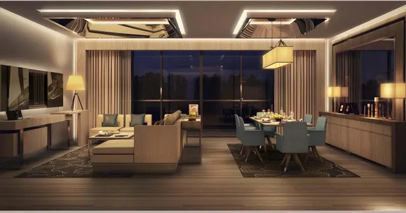 Espace de vie lumineux avec canapés confortables et table à manger élégante.