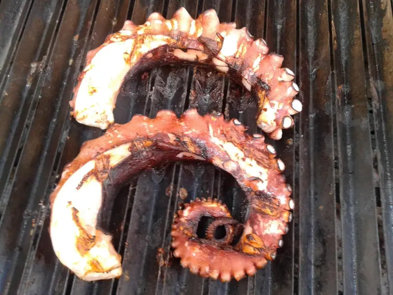 Un poulpe grillé sur une grille en métal.