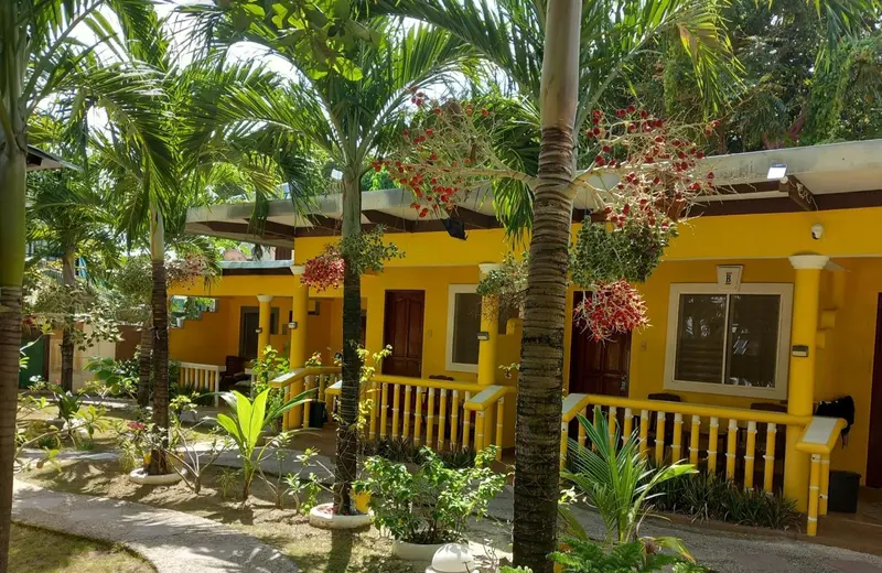 Bâtiment jaune à colonnes sous des palmiers et une végétation tropicale.
