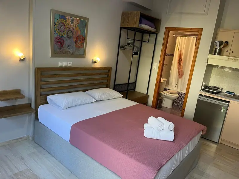 Une chambre avec un lit double et un accès à une salle de bain.