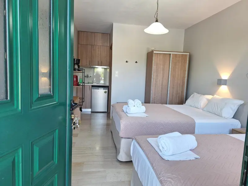 Une chambre lumineuse avec un lit et une kitchenette.