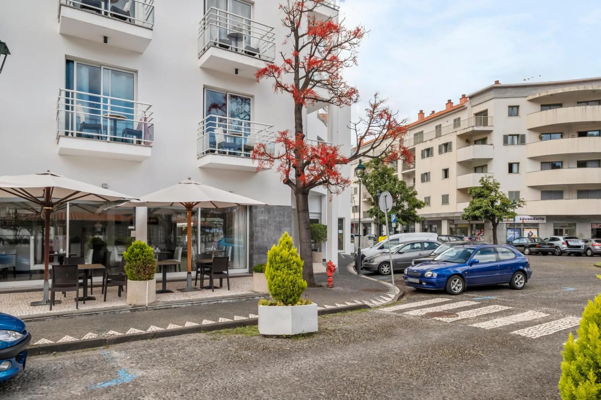 Terrasse ombragée avec tables et chaises devant un bâtiment blanc.