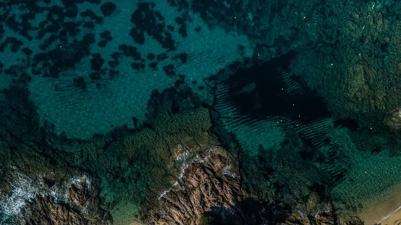 Vue aérienne d'une côte rocheuse et de l'eau turquoise.