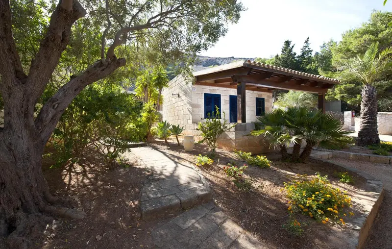 Bâtiment blanc avec des volets bleus entouré de végétation et d'un jardin.