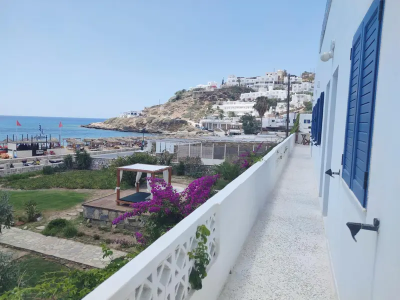 Vue d'une terrasse fleurie sur un paysage côtier ensoleillé.