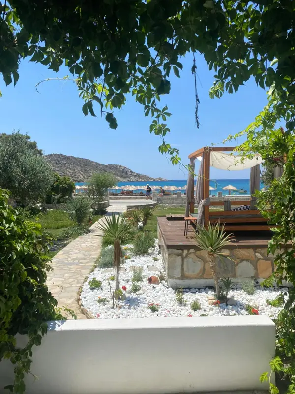 Vue sur une plage et des transats depuis un jardin fleuri.