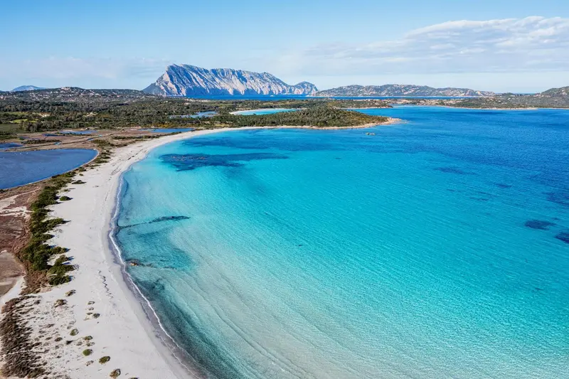 Vue aérienne d'une plage de sable blanc bordée d'une eau turquoise et d'une côte rocheuse.