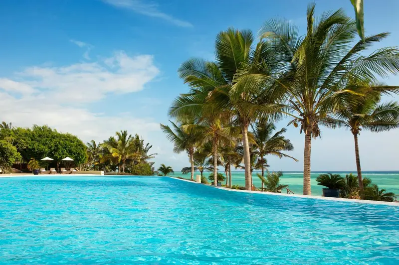 Une piscine à débordement turquoise s'étend vers la mer sous un ciel bleu et des palmiers.