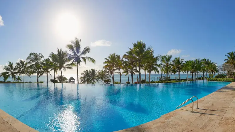 Une piscine à débordement offre une vue sur la mer et la végétation tropicale.