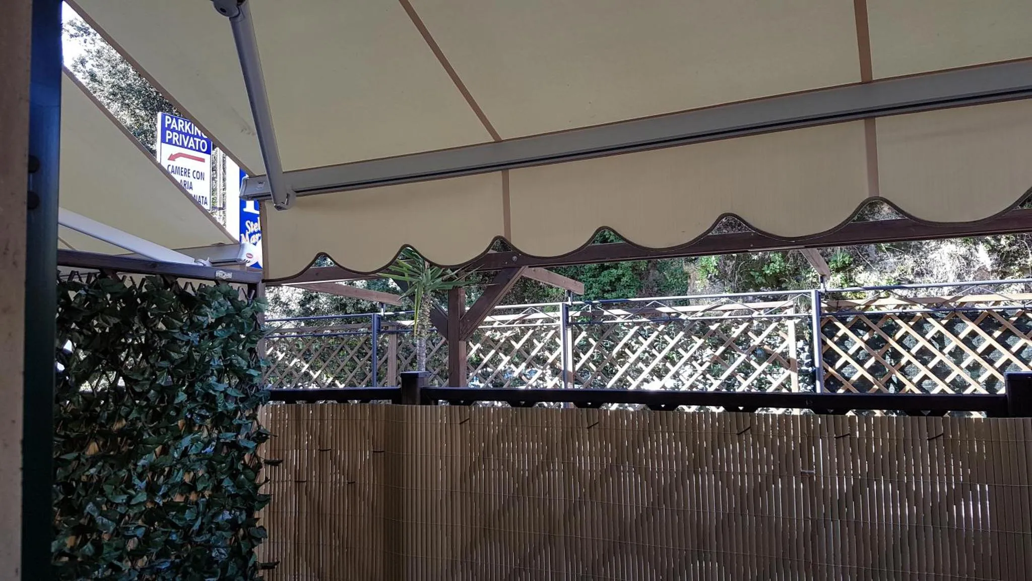 Terrasse ombragée avec structure en bois et végétation.