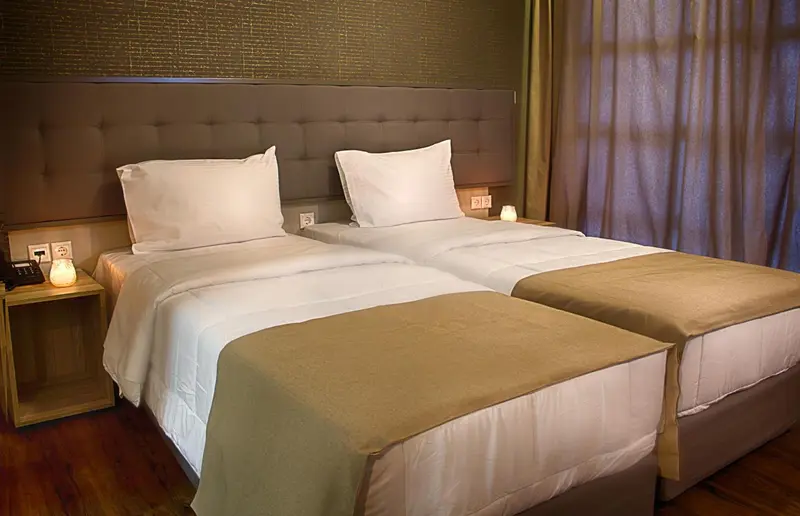 Une chambre avec deux lits simples et une décoration sobre.