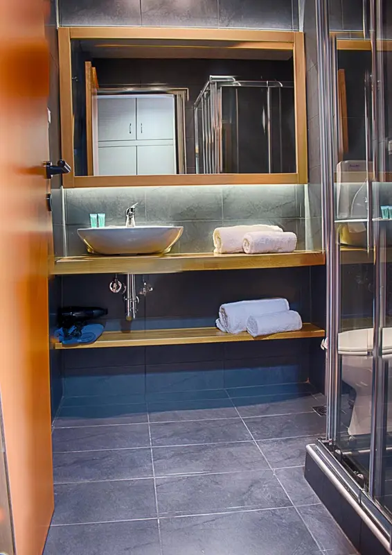 Une salle de bain moderne avec une douche vitrée et un lavabo sur une étagère.