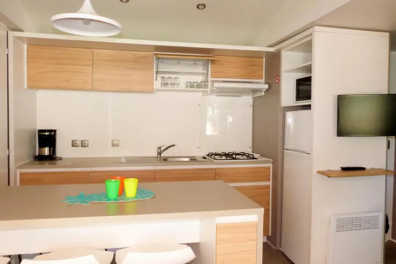 Une cuisine moderne avec un plan de travail et des équipements électroménagers.