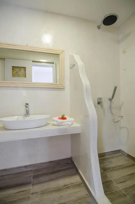 Une salle de bain claire avec douche à l'italienne et vasque.