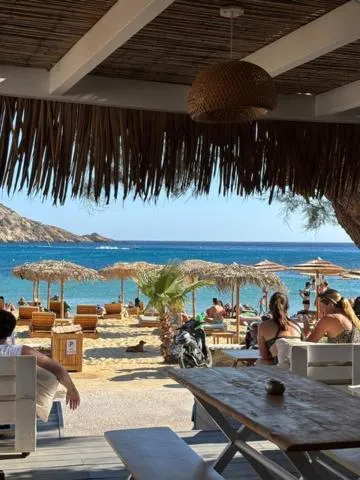 Terrasse ombragée donnant sur une plage avec transats et parasols.
